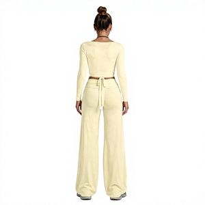 Womens 2 Piece <b>Yoga</b> Set Long Sleeve Self Tie Crop Top High Waist <b>Wide</b> <b>Leg</b> <b>Pants</b> Cream Solid - Product Image 2