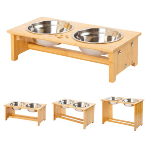 Bol à eau pour chien en bambou réglable en hauteur, double mangeoire surélevée, bol d'alimentation pour animaux de compagnie - Product Image 1