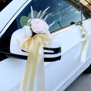 Car Wedding Decorations - Ribbon Bows Set Car Wedding Decor - Flower  Artificial Flowers Set Party Events Accessories for Car Front Door Wall