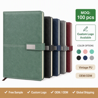 Carnet de notes A5 en cuir végétalien PU vintage, personnalisable avec logo, 100 feuilles, reliure cousue blanche, fermeture métallique, couverture rigide – Vente en gros