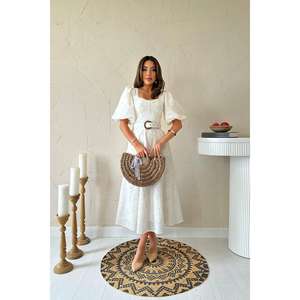 Vestido Casual de Fiesta Tejido Transpirable con Cuello Redondo y Cintura Natural, Línea A, Bordado en Color Blanco Hueso, Venta al por Mayor - Product Image 4