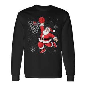 T-shirt à manches longues avec motif Père Noël faisant le slam dunk, design de Noël - Product Image 1