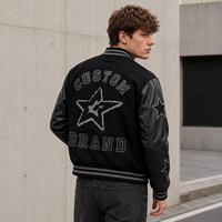 Veste universitaire pour homme, noire, épaisse, pour club et équipe, avec broderie graphique, corps en laine et empiècements en cuir, style Letterman, vente en gros