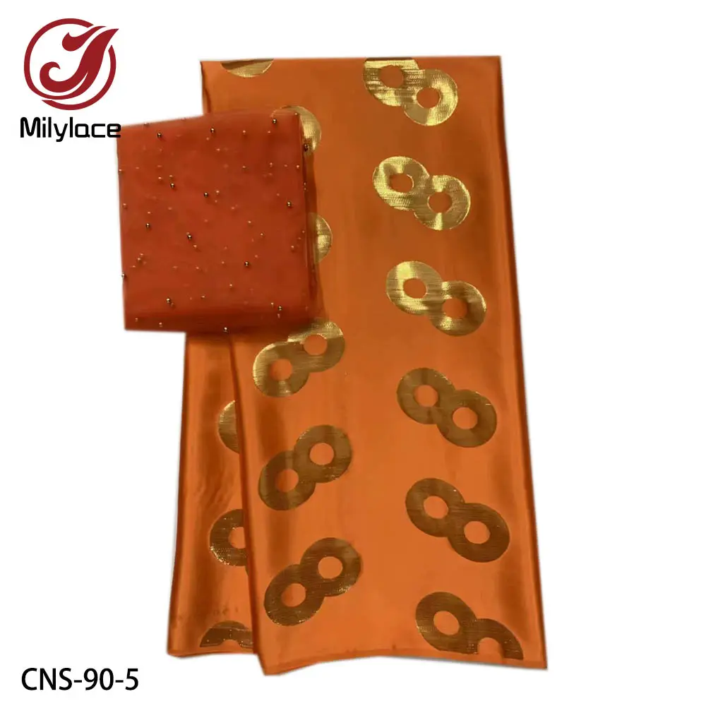 Африканский шелк 5 ярдов с 2 ярдами Сетчатое кружево специальный золотой узор печать Высокое качество 100% шелковая ткань