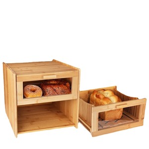 Bamboo <b>Bread</b> Box Double Layer Wooden Storage With Slicer For Kitchen Countertop - Product Image 3