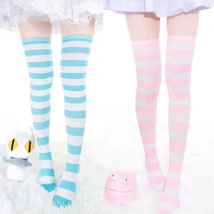 ecoparty Kawaii Cute Girls Lolita Cosplay Socks Over Knee Long Stripe Printed Thigh High Striped Patterned Socks Sweet Cute Warm