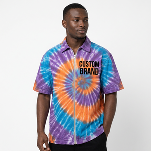 <b>Men's</b> Purple Orange Blue Tie Dye <b>Zip</b> <b>Up</b> Short Sleeve Collar <b>Shirt</b> Streetwear Letter Print Top - Product Image 2