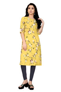 Crêpe jaune imprimé ethnique soie Kurti pour femmes lourd à manches courtes Style indien pour décontracté élégant fête Festive Occasions Salwar - Product Image 2