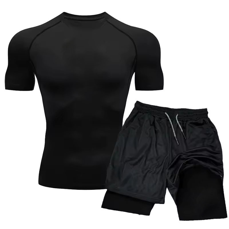 Men's Compression Gym Set Short Sleeve T-Shirt and 2-in-1 Compression Shorts Round Neck Seamed Men's Yoga Tops for Flexibility