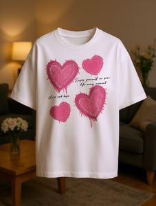 T-shirt blanc pour femme, manches courtes, col rond, imprimé cœurs roses, coupe ample, décontracté, pour la Saint-Valentin, 100% coton jersey - Product Image 2