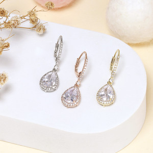 Boucles d'oreilles pendantes en zircon en forme de goutte, serties de pierres en or, argent et or rose, bijoux de mode pour femmes, pour mariage - Product Image 2