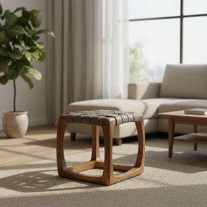 Modern Eco-Friendly Solid Teak Wood Handmade <b>Storage</b> Foot <b>Stool</b> with Woven Leather Seat for Bedroom & Hotel Use - Product Image 3