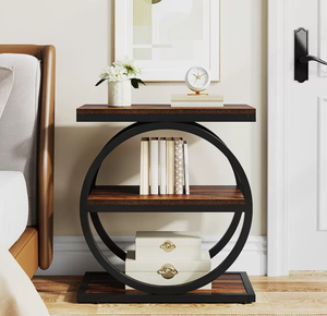 Mesa Auxiliar Moderna de Madera Maciza con Base de Pedestal, 3 Estantes de Almacenamiento, Diseño Estrecho, Marco de Metal Negro, Ecológica, para Sala de Estar o Dormitorio - Product Image 2