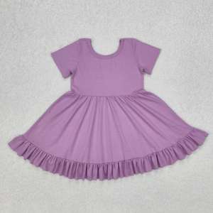 Prêt à expédier décontracté enfants filles robe à manches courtes couleur unie coton doux bébé filles mignon genou longueur robe avec volants - Product Image 2