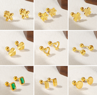 Boucles d'oreilles clous en or massif 18 carats AU750, motifs papillon, boule, cœur et trèfle à quatre feuilles avec motif floral diamanté