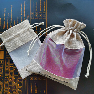Pequeña botella de yute mini bolsa de cuerda con dibujo bolsa de regalo de joyería de arpillera de yute con ventana transparente de organza - Product Image 1