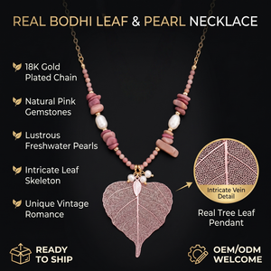 Collar con Colgante <span class=keywords><strong>de</strong></span> Cadena <span class=keywords><strong>de</strong></span> Corazones Chapado en Oro <span class=keywords><strong>de</strong></span> 18K, con Hoja <span class=keywords><strong>de</strong></span> Árbol Bodhi Rosa y Perla Natural, Novedad 2026 - Product Image 1