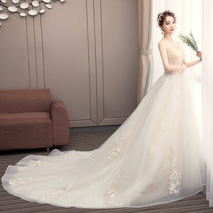 Strapless Champagne Ball Gown Wedding Dress With Embroidery Floral Print Empire Waistline Chiffon Train - Product Image 3