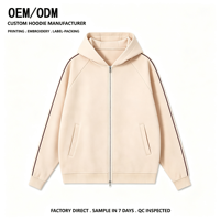 Hoodie Unisex Full Zip Pabrik OEM, Lengan Raglan, Strip Samping, Jaket Hoodie Longgar, Logo Custom, MOQ Rendah, Pengiriman Cepat