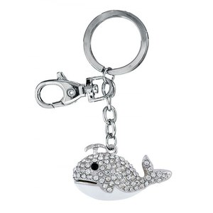 Portachiavi a forma di balena in cristallo con strass, catena in metallo tono argento e chiusura per borse o chiavi - Product Image 1