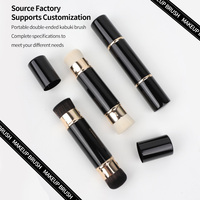 Pinceau de Maquillage Portable Premium Multifonctionnel Rétractable en Aluminium à Poils Synthétiques Double Face pour Fard à Joues et Correcteur en Bois