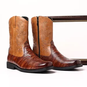 Nome do Produto: Durável Original Couro Ankle Cowboy Botas De Couro Sobre Ankle Boots Mens Equitação Cowb