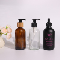 Bouteilles en verre Boston rondes personnalisées vides de 250 ml, 500 ml, 2 oz, 4 oz, 8 oz, 16 oz, transparentes, ambrées, noires mates, avec pompe noire