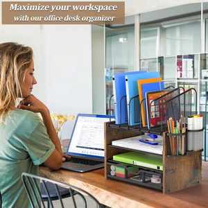 Organisateur de bureau pliable moderne en maille à 4 niveaux, porte-documents en bois avec 5 supports verticaux et 2 porte-stylos pour salon et école - Product Image 6