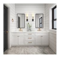 Meuble-lavabo double vasque autoportant bleu clair style Shaker avec quincaillerie dorée et vasque en pierre pour maison et hôtel (vente en gros)