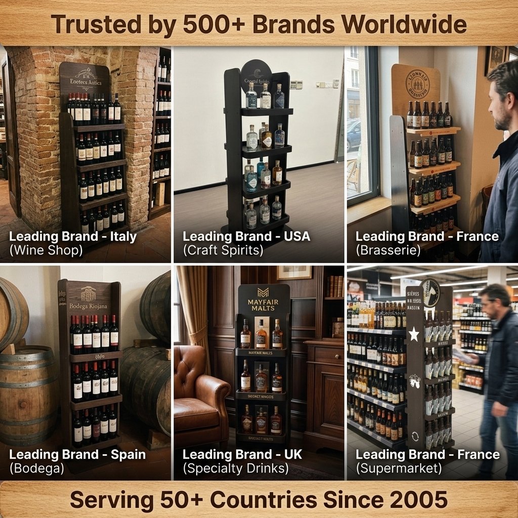 Custom Wine Display Racks 4-Tier Wood Liquor Merchandiser Knock Down Round Header Display Stand for Liquor Store & Supermarket — view 6