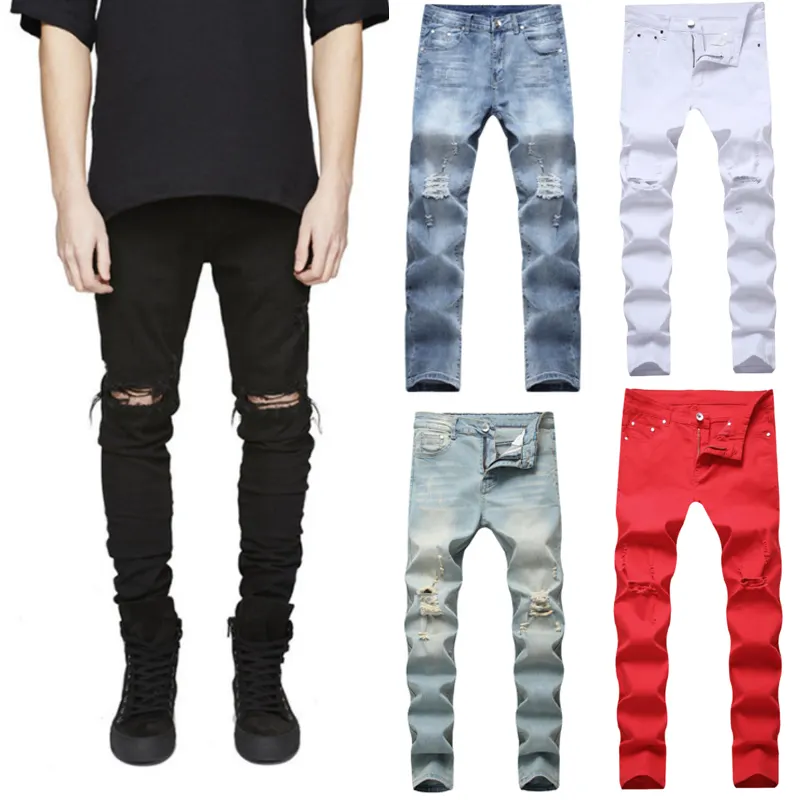 Men's jeans stretch knee ripped denim pants red colors white slim jeans for men damage pants add LOGO customized 42 size