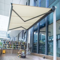 Auvent rétractable à bras courbé, structure en alliage d'aluminium, tissu PVC, ouverture automatique, résistant au vent, insonorisant, écran pliant en nylon