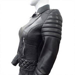 Nabtay Sports Women's Black Sheep Skin Finished Windproof High Street Moto <b>Jacket</b> Quilted Waist Zipper Closure Stand Collar Full - Product Image 3