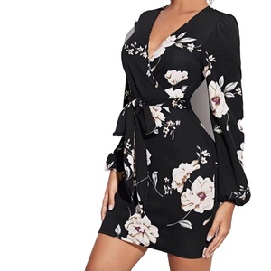 Wholesale Custom High Quality Womens <b>Dress</b> New Arrival V-neck Printed Lace-up Drawstring Waist Slimming Hip <b>Dresses</b> - Product Image 4