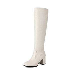 Botas Blancas hasta la Rodilla, Punta Redonda, Tacón Cuadrado, de Piel Genuina, Estilo Slip-On - Product Image 1