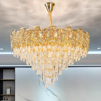 Lustre rectangulaire de luxe à plafond haut, finition or brossé, avec cristaux K9 de luxe