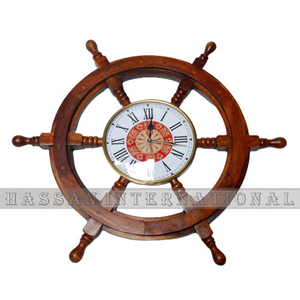 Rueda de barco náutico Vintage con reloj de artesanía de latón ruedas de barco decorativas personalizadas de madera para decoración hecha en la India - Product Image 2