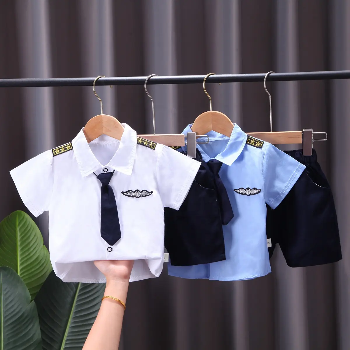 2024 Summer Handsome Children Boy Clothing Sets Pilot Uniform Short Sleeve Tie Polo Shirt Shorts 2Pcs Kids Casual Clothes