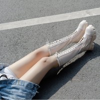 Bottes hautes en cuir PU pour femmes conception à lacets d'automne avec fond épais éclairé plate-forme de genou haut talons épais pour l'été