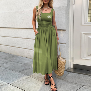 بيع بالجملة النساء عارضة بلا أكمام مربع الرقبة فستان طويل الجانب الرباط Ruched لينة فساتين الشاطئ الصيف دافئ - Product Image 5