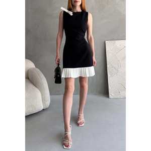 Vestido Mini Plisado con Cuello Redondo, Corte Ajustado, Color en Contraste, Cintura Natural, Tejido de Tela, Uso Diario Informal - Product Image 1