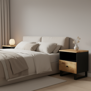 Set di 2 comodini neri in legno di mango naturale con cassetto portaoggetti per camera da letto, design moderno - Product Image 2