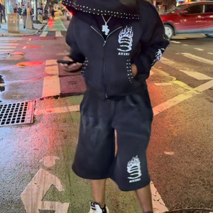 Biểu tượng tùy chỉnh màn hình in DTG axit cổ điển rửa phun trắng bẩn rửa sạch đầy đủ Zip Up Rhinestone Tracksuit - Product Image 4