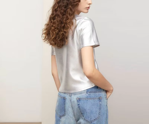 T-shirt da donna in <span class=keywords><strong>Lurex</strong></span> a manica corta rivestita in argento di alta qualità - Product Image 4