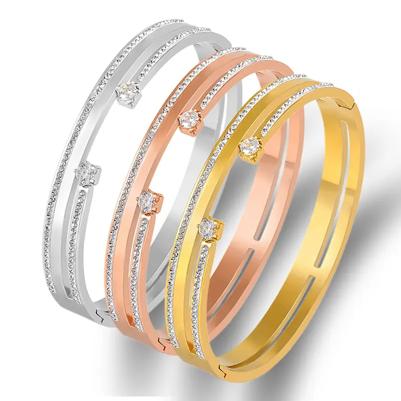 ROMANTIC New Design Stainless Steel Titanium Rose Gold Diamonds Multi-layer Iron Nail Ladies Bracelets