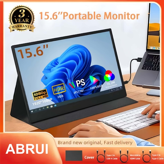 Portable Monitor for Laptop 15.6 Inch FHD 1080P IPS Eye Care Screen with Stand 180 Adjustable Dual Speaker Travel Monitor
