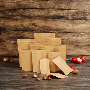 卸売カスタマイズブラウンクラフト紙バッグ平底スタンドジッパー食品包装リサイクル材料砂利印刷面