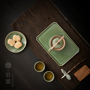 Plateau à thé en céramique rectangulaire, petit, en bambou, glaçure verte, fait à la main pour service à thé Kung Fu - Product Image 4