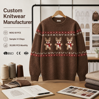 Pull de Noël personnalisé pour homme, marron, motif renne, en mélange de laine 12GG, jacquard mignon, style vintage nordique, pull de fête, OEM