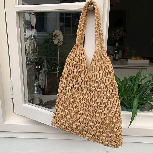 Slow Fashion Handmade Bohemian Lady Two Handles Straw Bag Women's Vintage Crochet Macrame Beach Clutch Purses